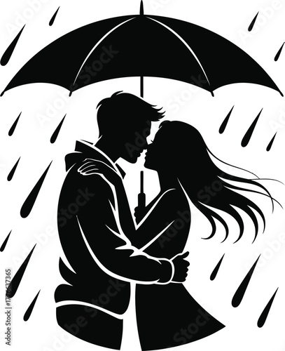 Couple embracing under umbrella in rain love romance