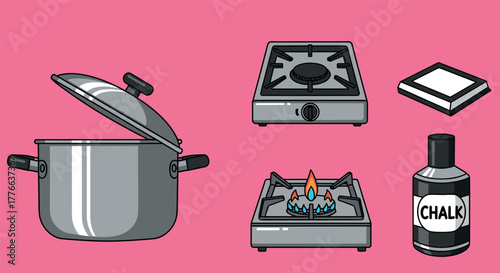 Colorful kitchen objects cookware, stove, and cleaning supplies on pink background