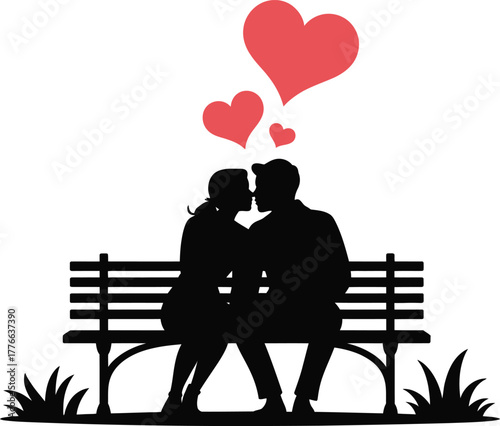 Couple silhouette on bench with hearts love