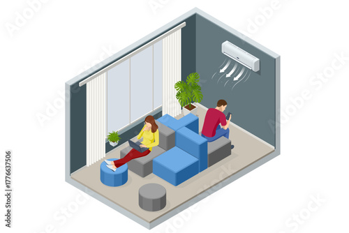 Isometric room with young people working on laptops under air conditioner. Concept of teamwork, comfort, and modern climate system.
