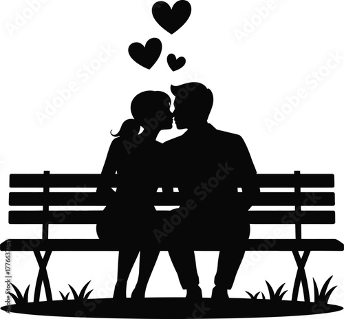 Couple kissing on bench with hearts love