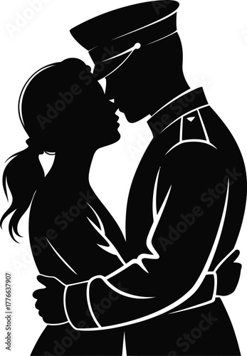 Soldier and woman embracing silhouette couple