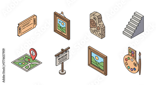 Isometric art museum icons set tickets, paintings, and tools for creative exploration