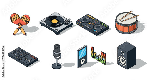 Music equipment collection featuring isometric designs of instruments and audio devices