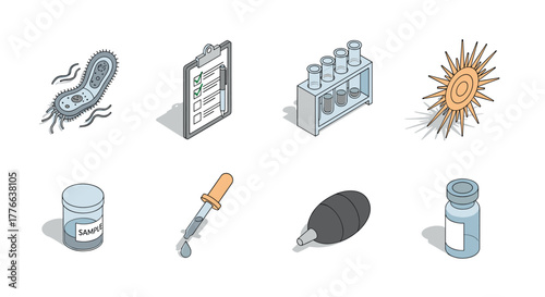 Isometric science icons set lab equipment, bacteria, and research tools