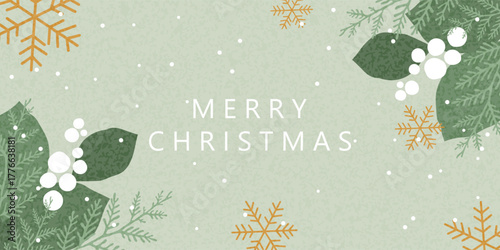 Merry Christmas greeting card, banner, poster, and cover. Vector Christmas design with hand-drawn snowberries, fir branches, and snowflakes.