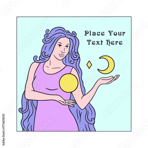 Beautiful long hair woman holding sun and half moon card template vector illustration