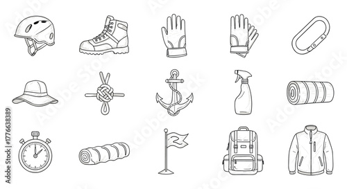 Hand drawn camping and climbing gear icons for outdoor adventures