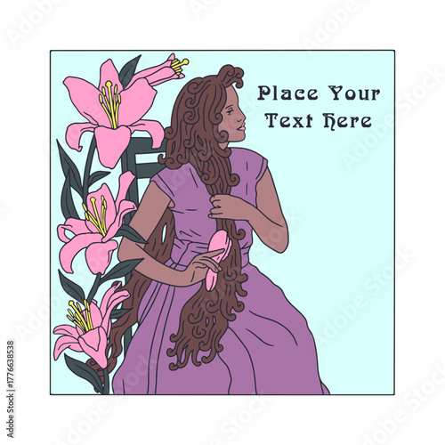 Art nouveau poster with woman brushing very long hair and lily flower frame vector illustration
