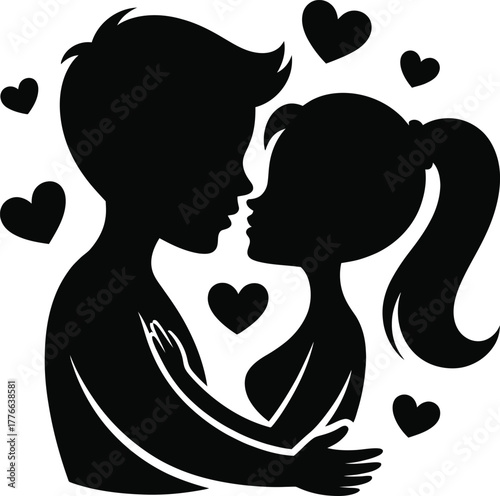 Couple embracing surrounded by hearts love embrace