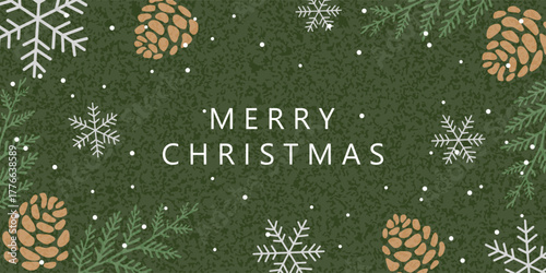 Merry Christmas greeting card, banner, poster, and cover. Vector Christmas design with hand-drawn pine cones, fir branches, and snowflakes.