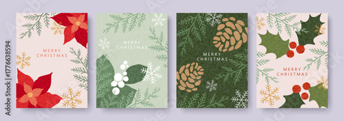 Merry Christmas greeting card set, banner, poster, and cover. Vector Christmas design with hand-drawn snowberries, fir cones, poinsettia, holly berries, fir branches, and snowflakes.