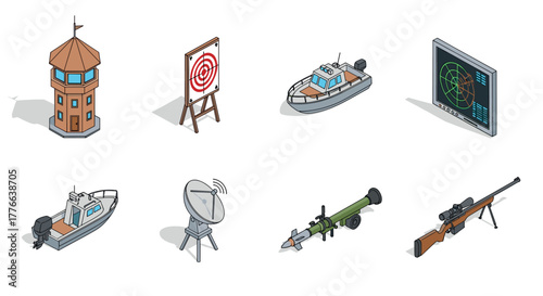 Isometric military equipment icon set with radar, weaponry, boats, and watchtower