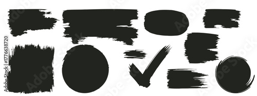 Set of Black Grunge Brush Strokes Rectangles Ovals and Check Mark on White Keywords: brush stroke, grunge, black, white, isolated, texture