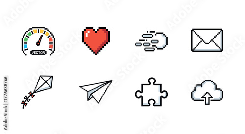 Retro pixel icons speed, love, communication, and creativity in minimalist style