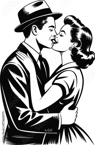 Couple embracing kissing vintage style embrace retro