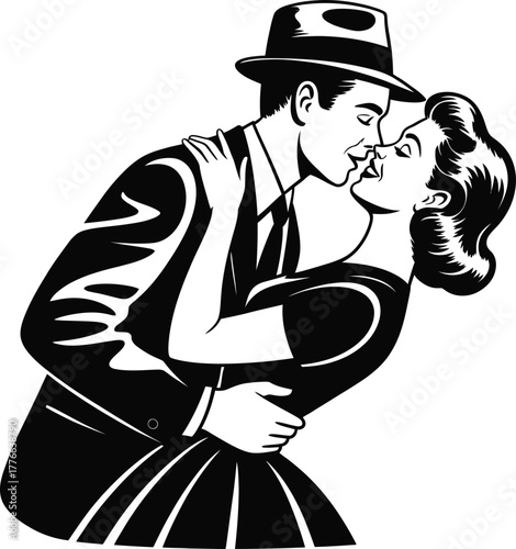 Couple kissing in vintage style romance love