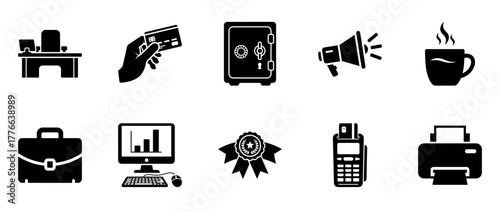 Business icons set: office, finance, security, marketing, technology, coffee