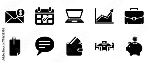 Business icons: communication, finance, technology, and productivity