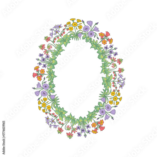 Hand drawn line art canary islands flowers wreath. Card template with cute floral frame