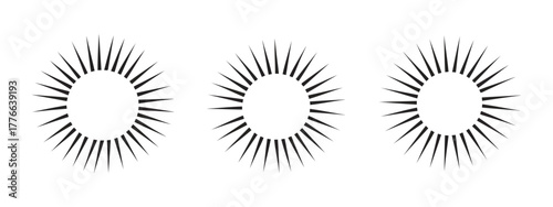 Three Circular Sunburst Shapes With Sharp Rays On White Background vector