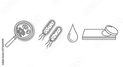 Microorganisms and science tools in linear style bacteria, microscope, petri dish, droplet