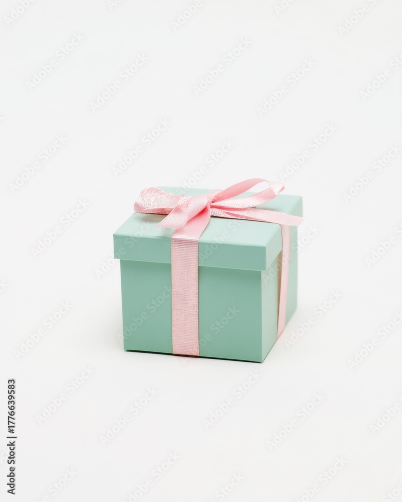 Obraz premium Minimalist Small Pastel Mint Green Gift Box with Pink Satin Ribbon Bow: Clean Studio Shot Isolated on White Background for Elegant E-commerce Mockup