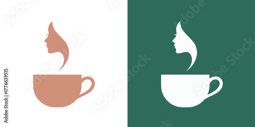 A modern minimalist woman coffee logo featuring elegant line art of a female silhouette integrated with a coffee cup and steam design.