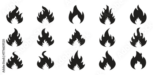 Hand drawn black fire flames icon collection. Concept flame, fire, icon. Fire symbol in glyph. Fireball sign. Campfire symbol flame. Stock vector illustration.