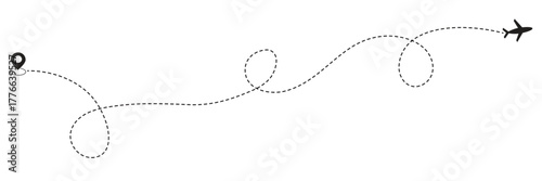 Airplane travel route dotted line. Aircraft tracking, planes, travel, map pins, location pins, start point line trace and plane routes, flight path concept design. Eps 10.