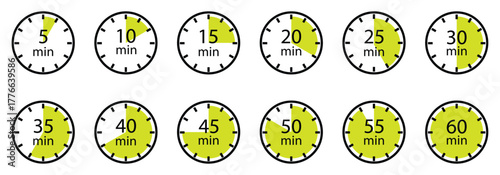 Timer or stopwatch icons collection. Set of stopwatch icons from 5 to 60 minute. Countdown for kitchen, cooking, sports, speed, deadline use. Vector illustration.