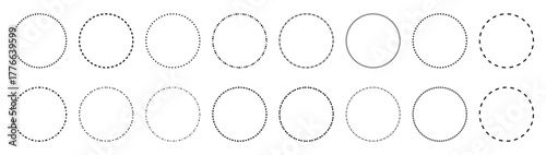 Dotted line circle set.  Set of border line circle frame  with dot or dashed lines. Hand drawn on white background. 