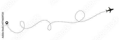Airplane dotted line. Flight path with dotted line, airplane icons and location markers, aviation concept, travel background design, journey map or delivery concept.