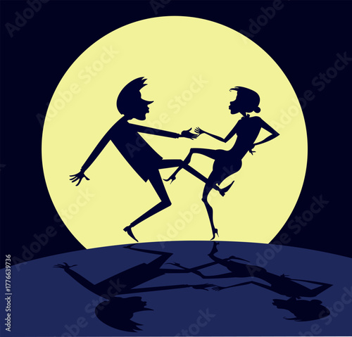 Full moon. Silhouettes of dancing woman and man against the background of the moon