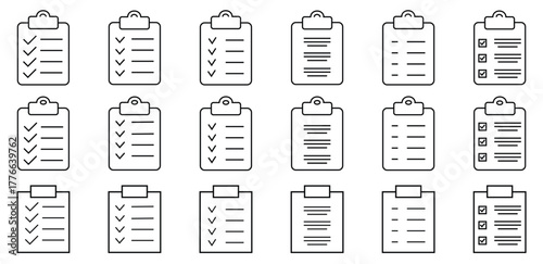 Document line style icon set. Paper document and clipboard, certificate, accept, approved, invoice, archive, collection with thin line. 