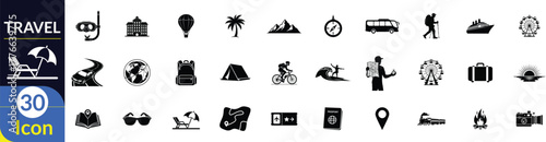 Travel and Vacation silhouette icon set. Including Beach Chair, Diving Mask, Hot Air Balloon, Palm Tree, Mountain, Compass, Backpack, Tent, Bicycle, Map Pin. Vector silhouette illustration.