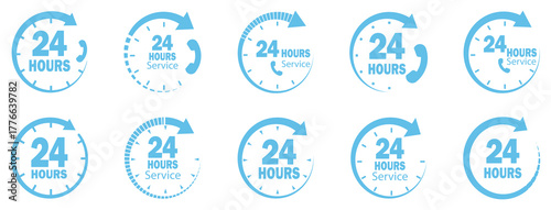 24 hour service icon set. 24 hours order execution or delivery service, work time, customer service, support, and call center. isolated on white background with arrows.



