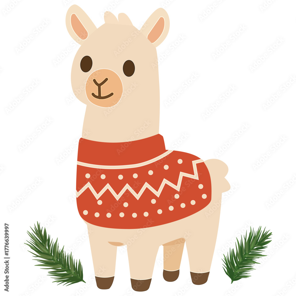 Fototapeta premium A cute alpaca in a New Year's vest