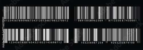 Barcode icon set.  Universal barcode for scanning product or item. Simple fake bar code, barcode scratched vector illustration , barcode icon for selling,   Trendy bar code for web icon in eps 10. 