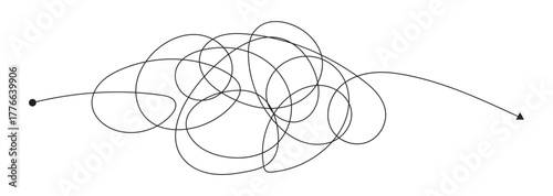 Scribble chaos lines with arrows. Messy scribble line tangles, chaos transformation, problem solving, stress reduction.