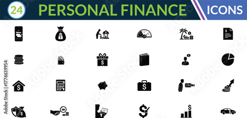 Personal Finance silhouette icon set. Including Mobile Banking, Money Bag, House with Dollar, Car Gauge, Travel, Document, Coin Stack, Wallet, Calendar, Portfolio. Vector silhouette illustration.