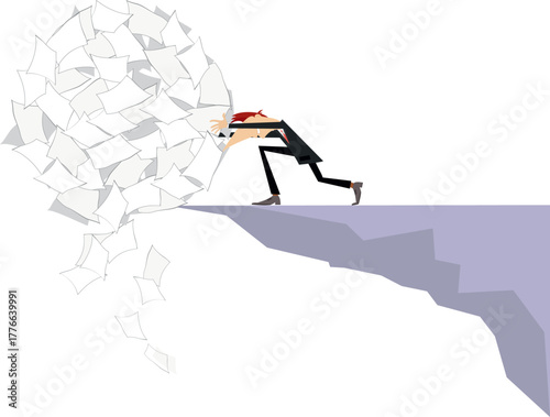 Businessman man gets rid of problems and papers.
Man pushes a big ball of papers down the mountain.  Paperwork. Concept
