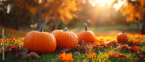 Photo of a group of vibrant orange pumpkins sits on a grassy lawn scattered with fallen autumn leaves, bathed in the warm, golden glow of the setting sun, creating a picturesque fall scene.