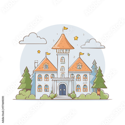 Whimsical fantasy castle cartoon vector art with fairy tale towers and flags amid stylized trees and clouds