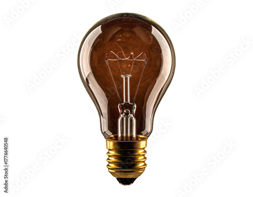 Isolated lightbulb, vintage design, with a filament, gold base, and dark background