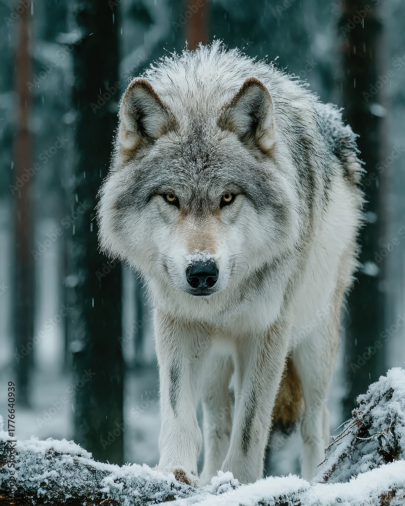 Naklejka premium Intense Winter Wildlife Portrait: Majestic Grey Wolf Staring Directly in Snowy Forest, Detailed Close-up of Wild Predator in Cold Northern Taiga
