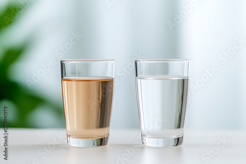 Visual comparison showcasing the difference between clean water and contaminated water in two glasses. The image highlights purity vs impurity in a home or lab setting.