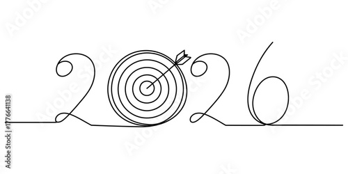 Continuous line drawing of the year 2026 with a target and arrow, symbolizing goal achievement, new year resolutions, future planning, success, and strategic business focus.