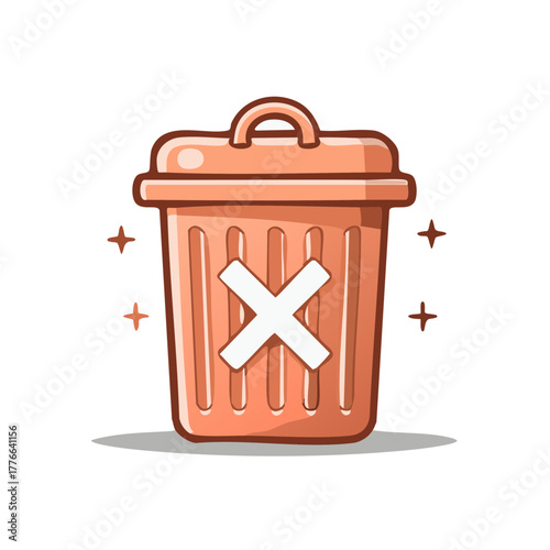 Cute Orange Cartoon Trash Can Icon with White X Mark for Deletion