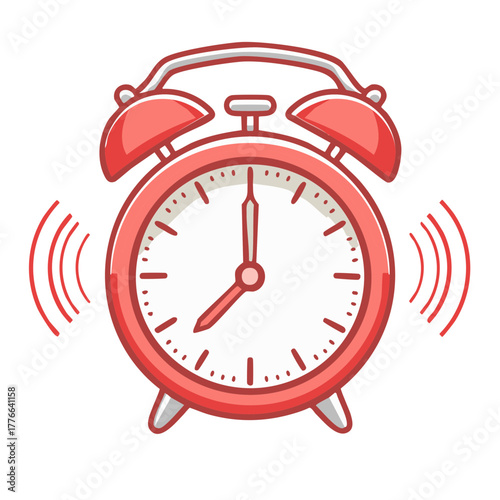 Red Alarm Clock with Bells Ringing Cartoon Style Illustration for Time Management Icon